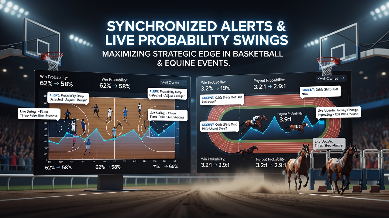 Dashboard view of equine racing probability chart next to basketball live odds panel with reward layer indicators
